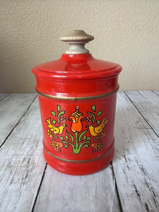 Kromex Other - MCM  Kromex Small Canister Red Birds Floral Enamel Metal K-679 USA - Replacement